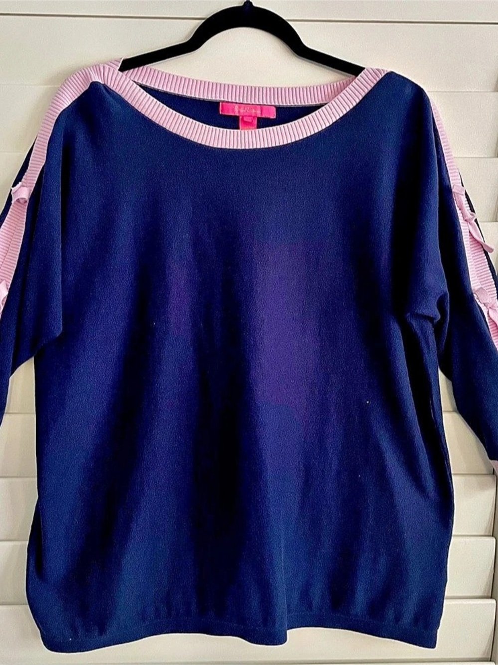 Lilly Pulitzer Larabee Sweater XL Navy Pink Bow Sleeve Knit Crewneck